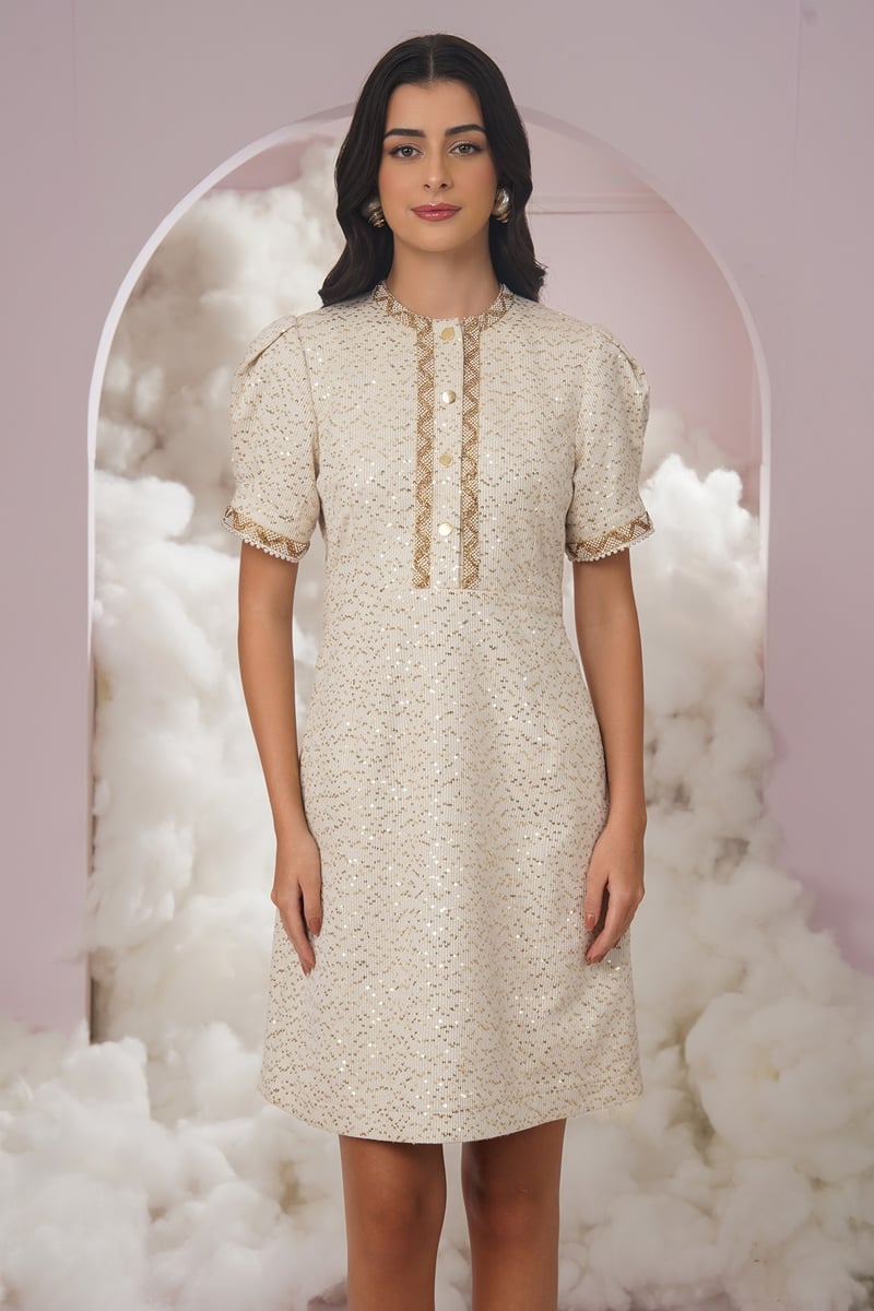 White Sequin Tweed Knee-Length A-Line Dress