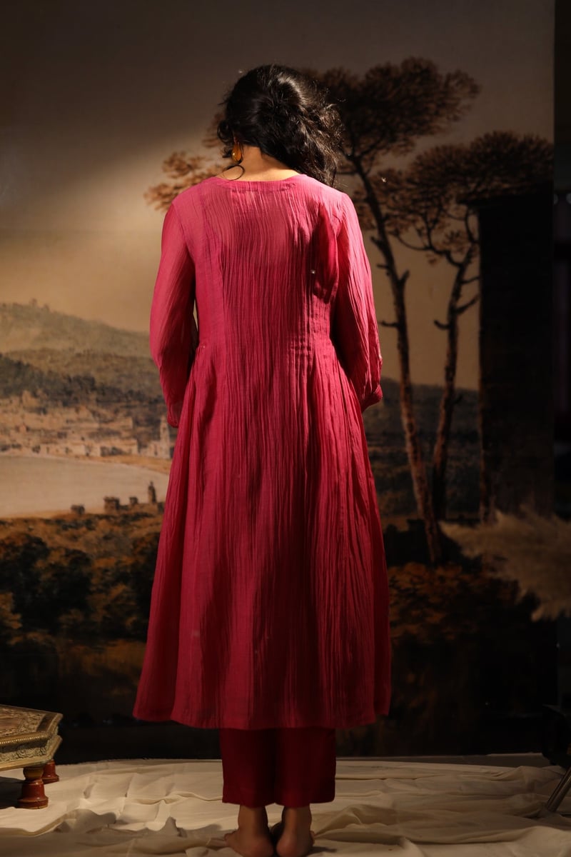 Hot Pink Embroidered Yoke Kurta Set with Pants and Slip
