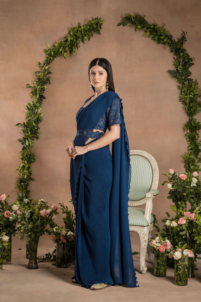 Navy Blue Pre-Draped Pleated Georgette Saree Set