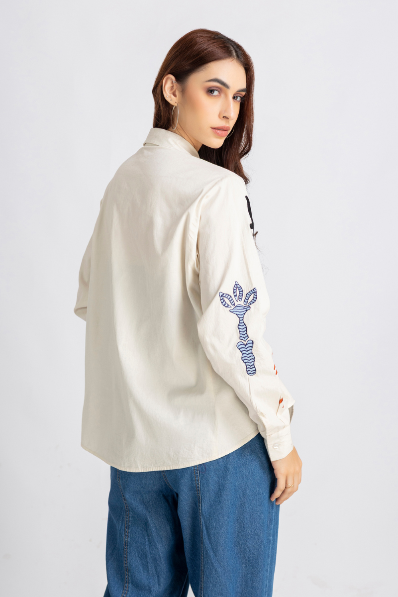Beige Cotton Poplin Embroidered Button-Down Shirt