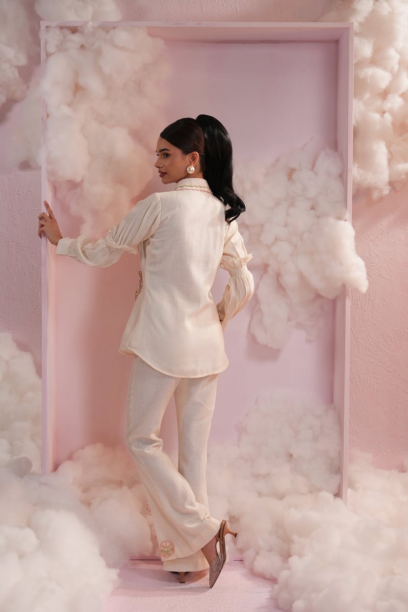 Cream Shirt and Bell-Bottom Co-ord Set