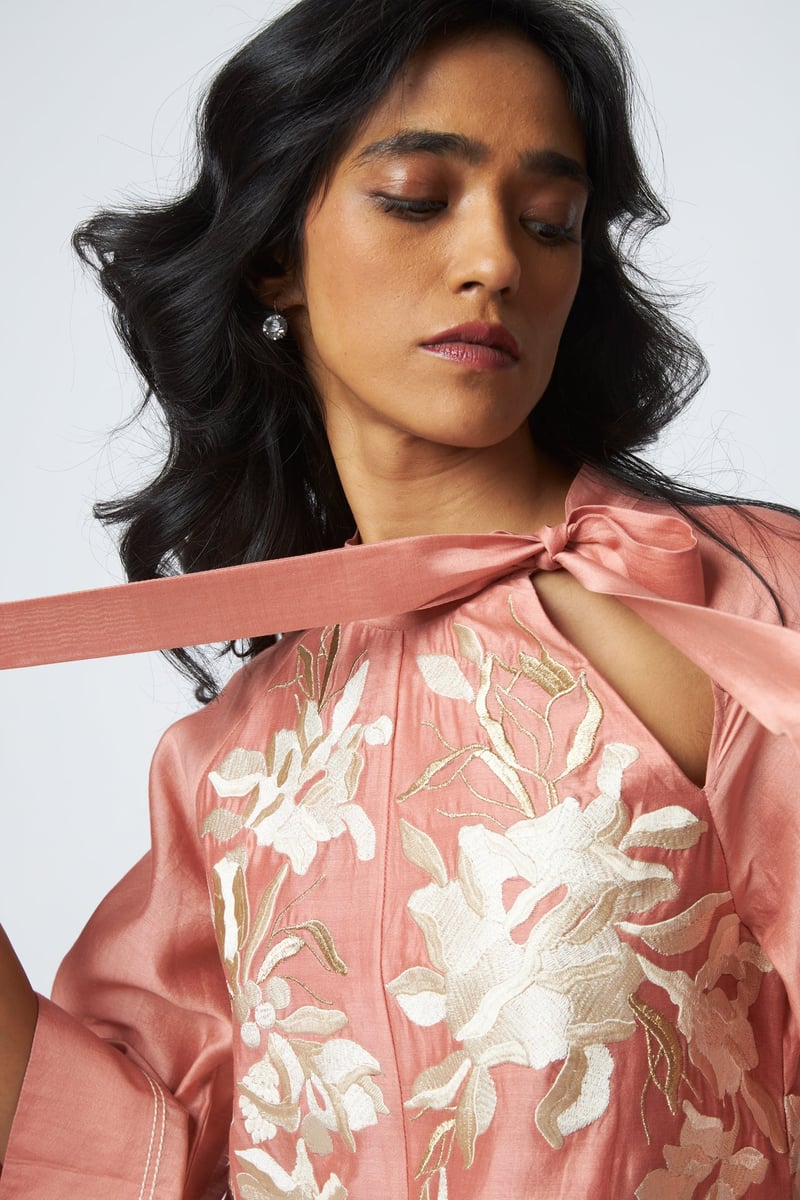 Old Rose Embroidered Achkan-Style Hi-Low Midi Dress