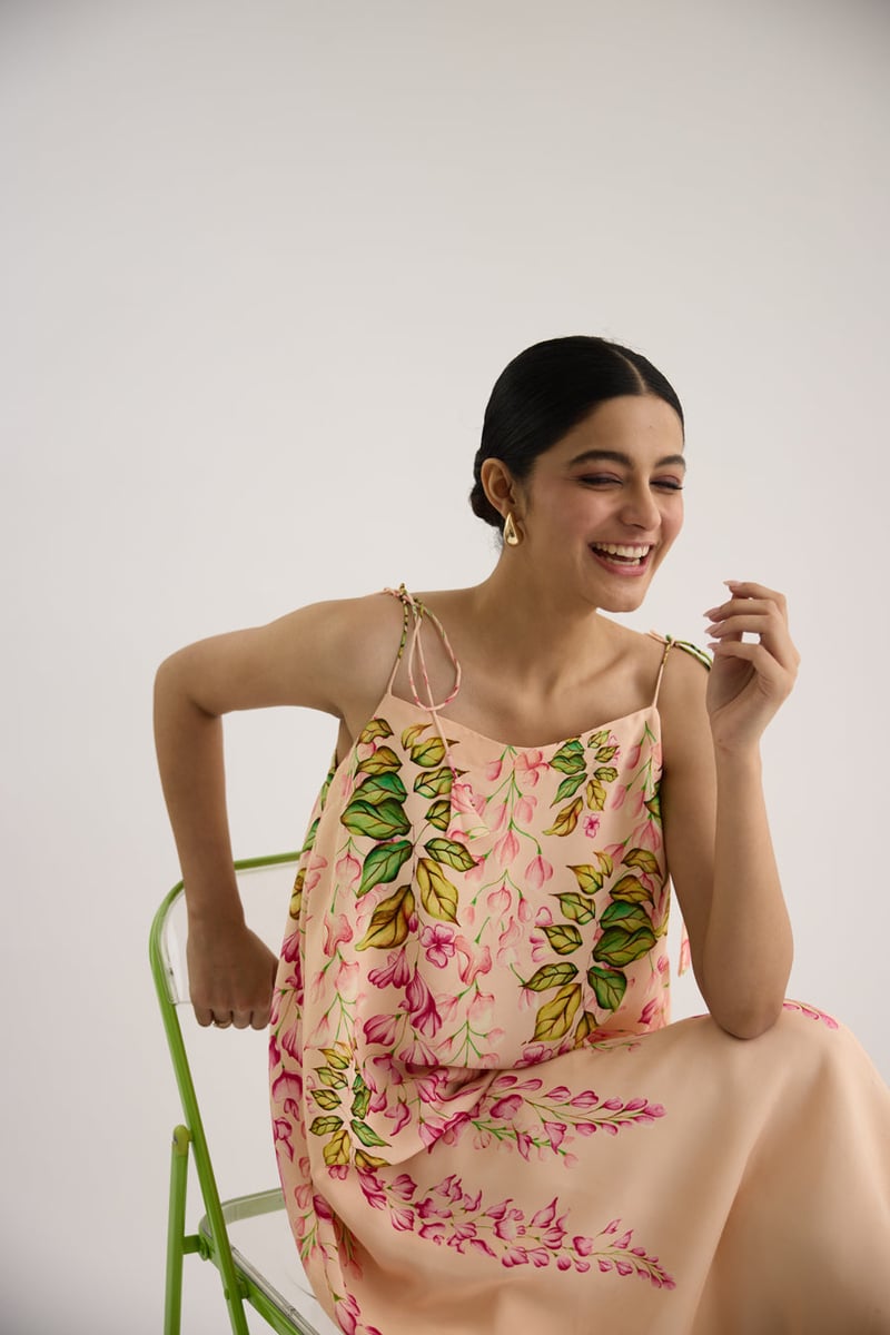 Peach Floral Printed Square Neck Midi Dress
