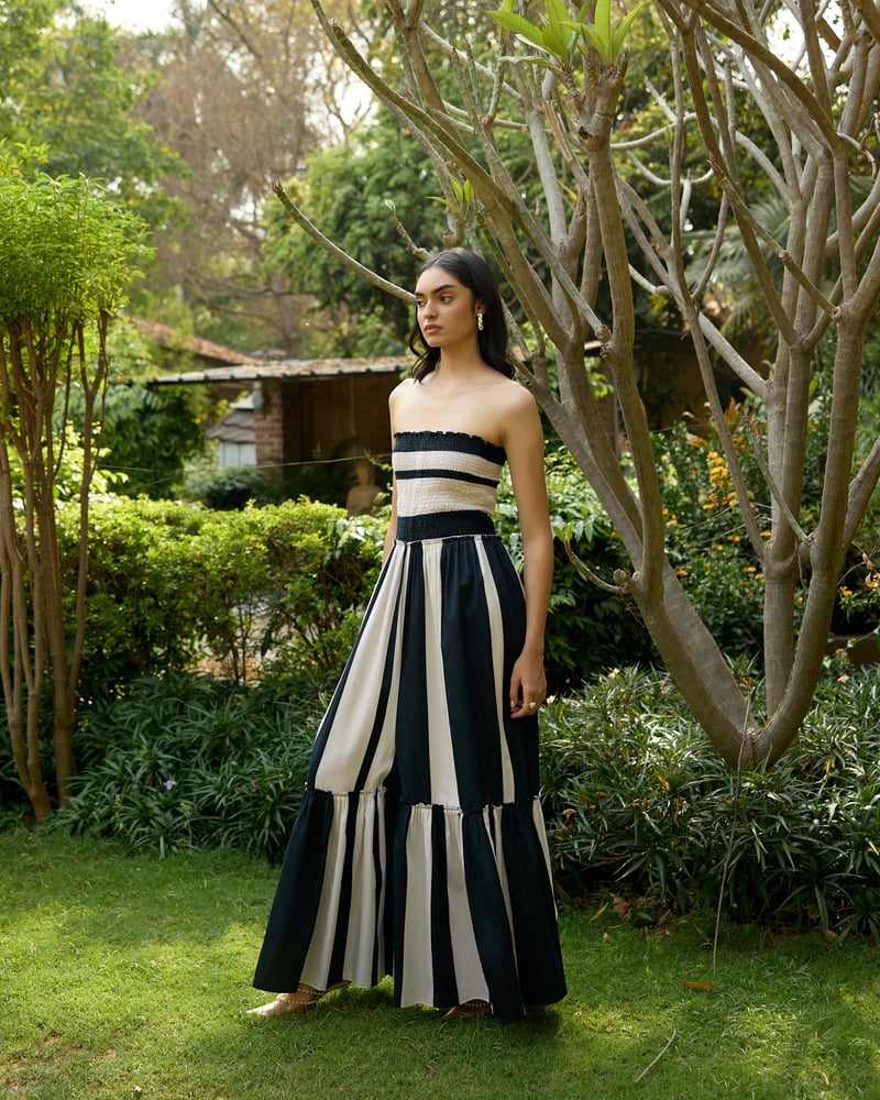 Black and White Striped Smocked Bandeau Maxi Jumpsuit