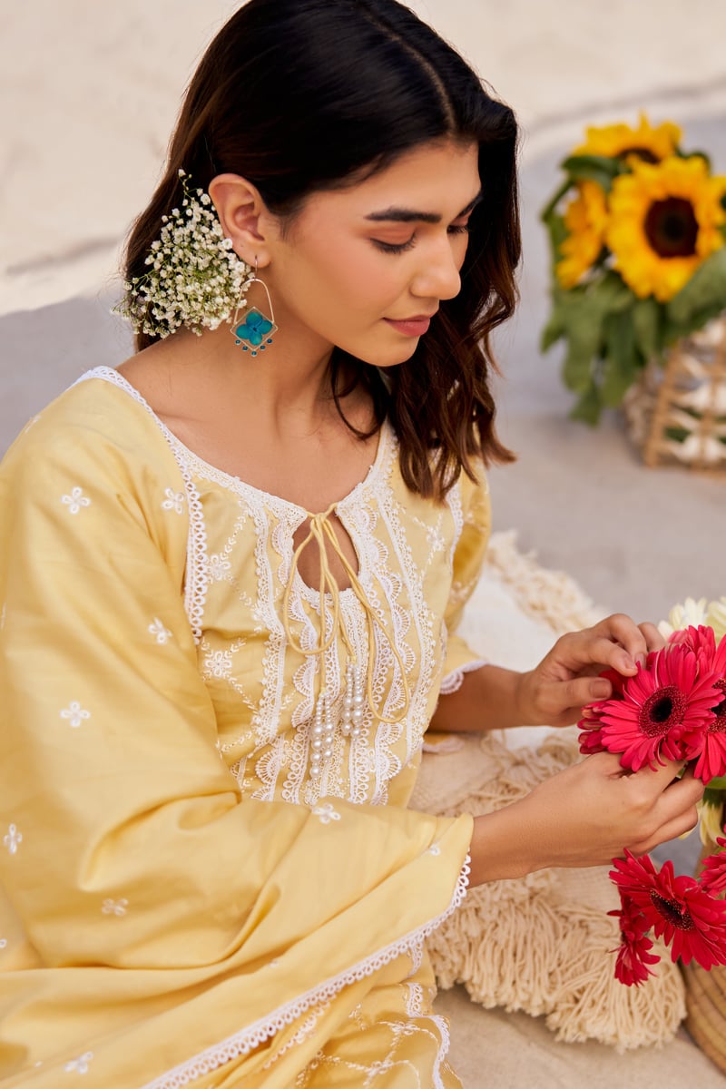 Yellow Cotton Embroidered Kurta Set With Dupatta