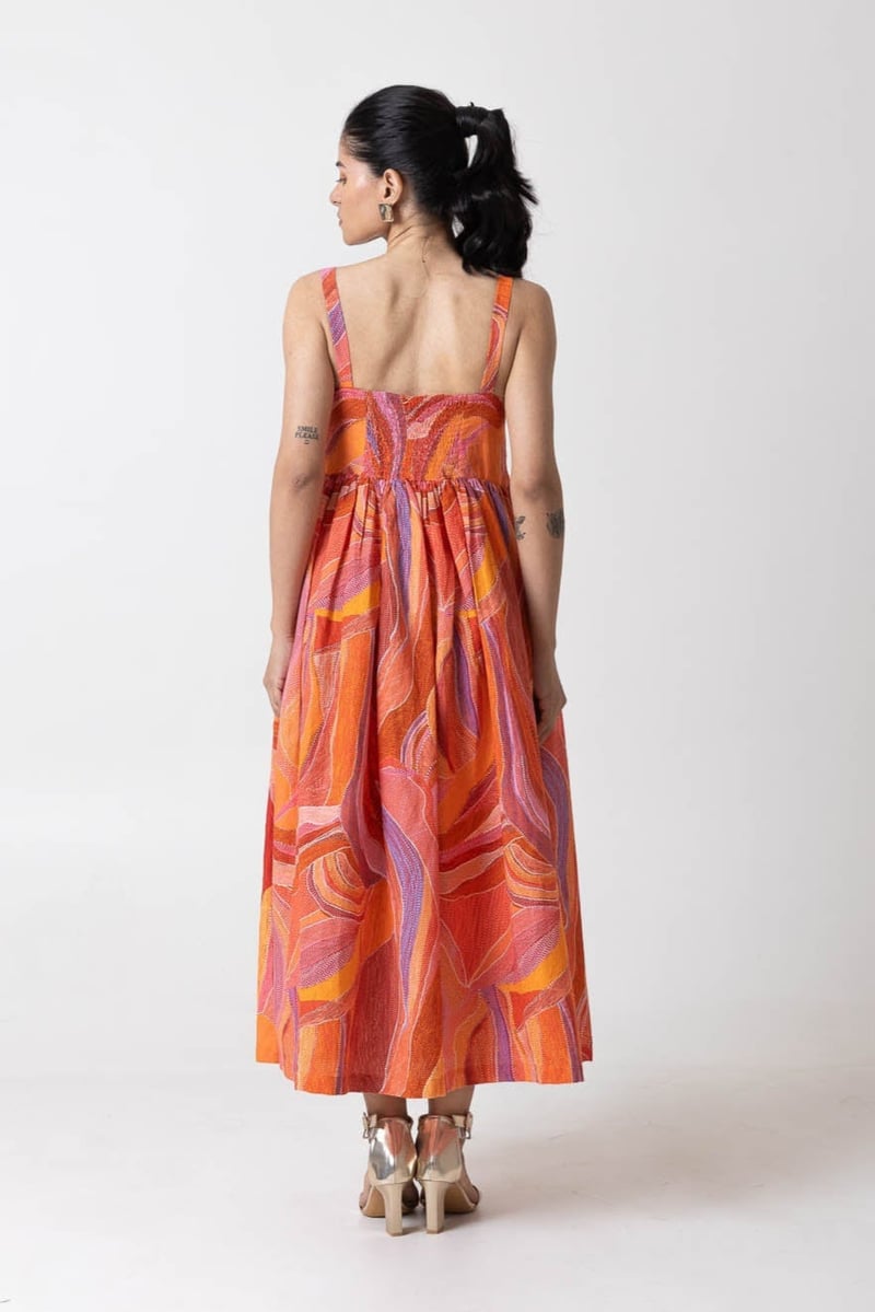 Orange/Multicolor Abstract Print Fit and Flare Midi Dress
