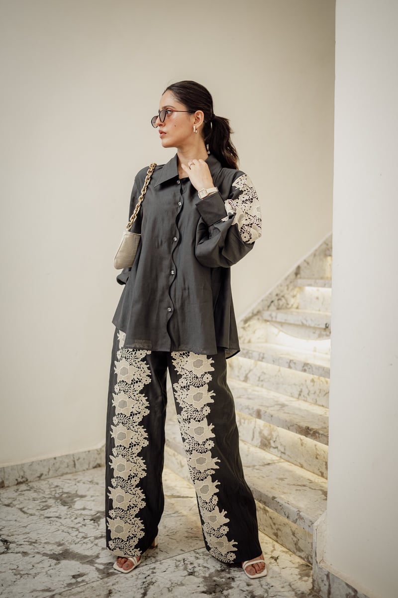 Dark Grey Lace Detail Shirt and Flared Pants Co-ord Set — An'era by Asmita Verma