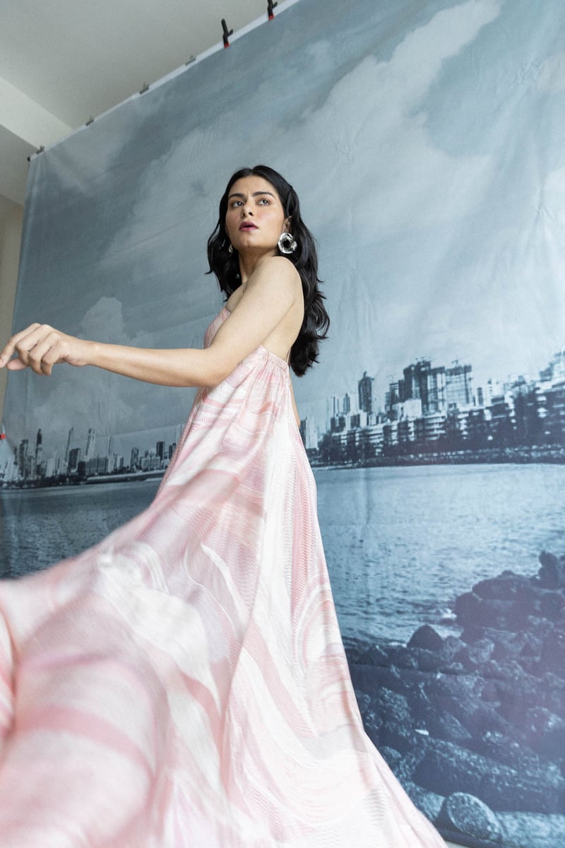 Pink Peach Abstract Printed Halter Maxi Dress