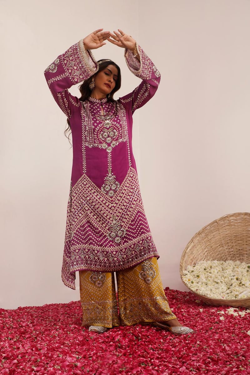 Purple and Mustard A-Line Mirror Work Kurta Set