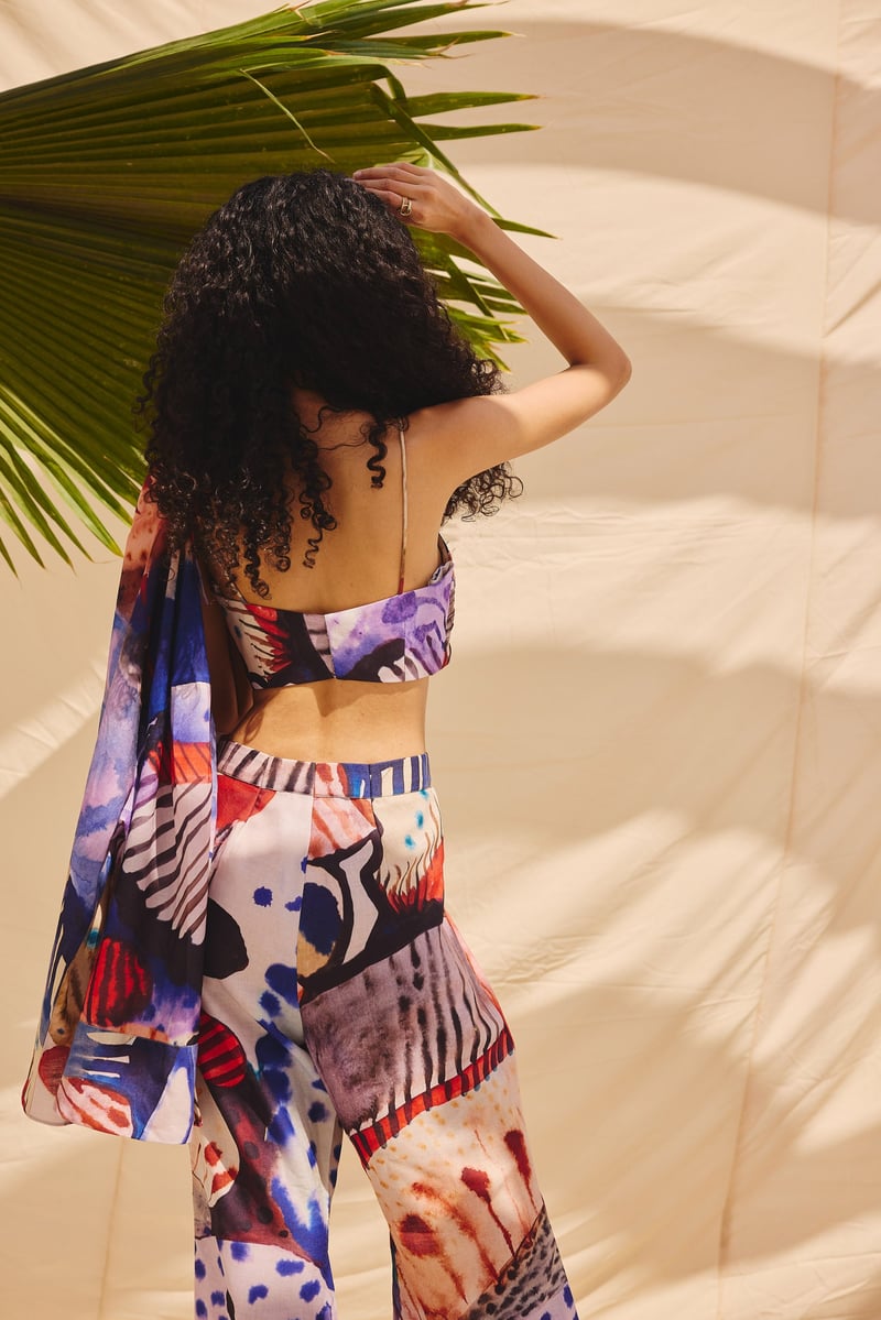 Multicolour Abstract Printed Wide-Leg Cotton Linen Trousers