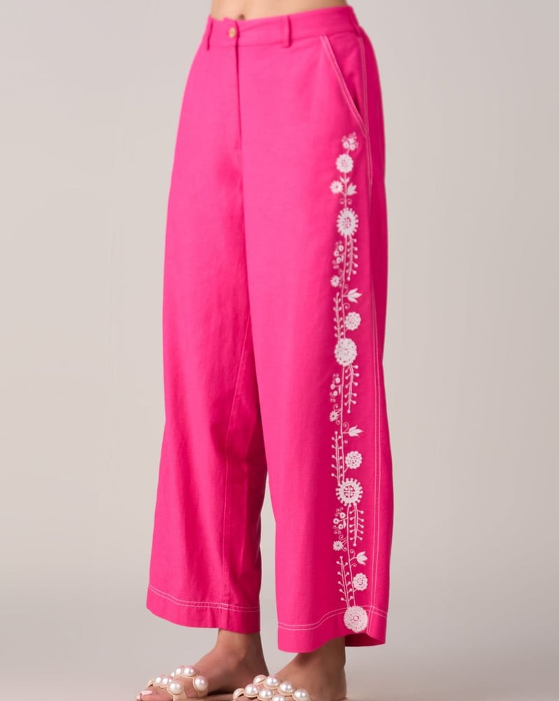 Pink Wide-Leg Embroidered Trousers