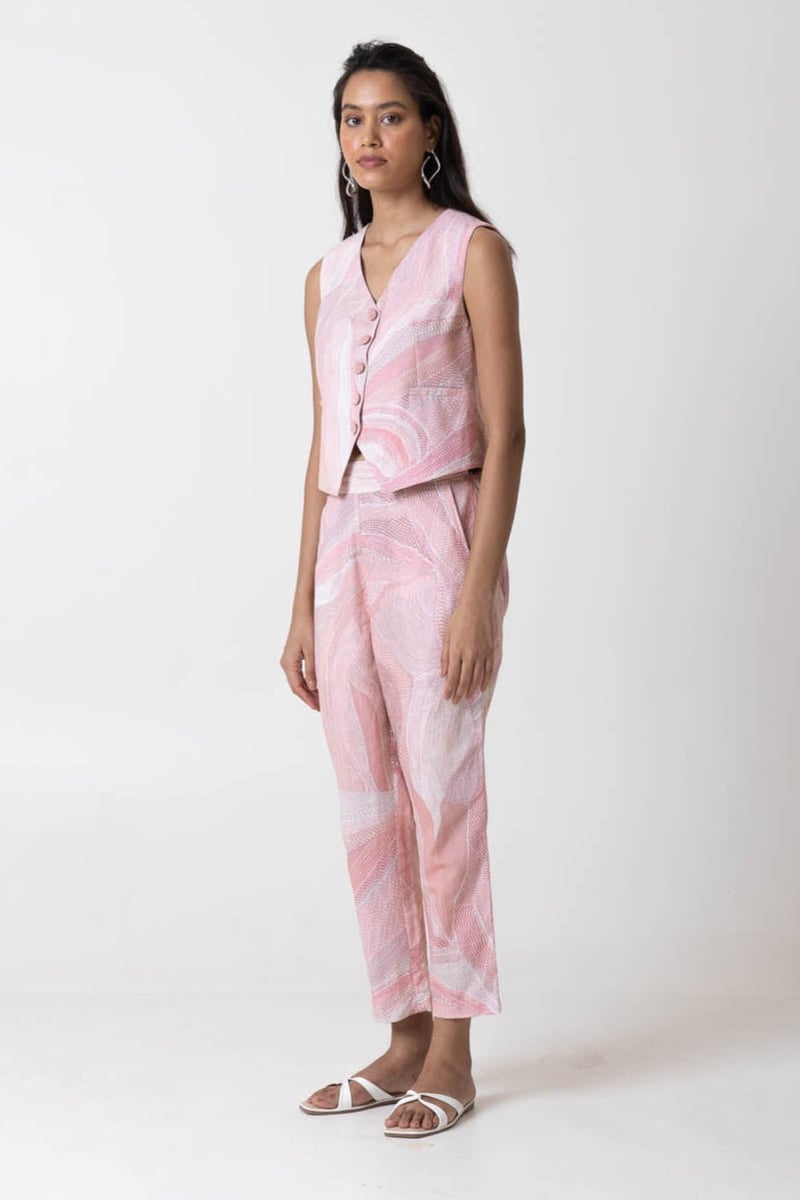 Pink Peach Printed Waistcoat and Trousers Co-ord Set