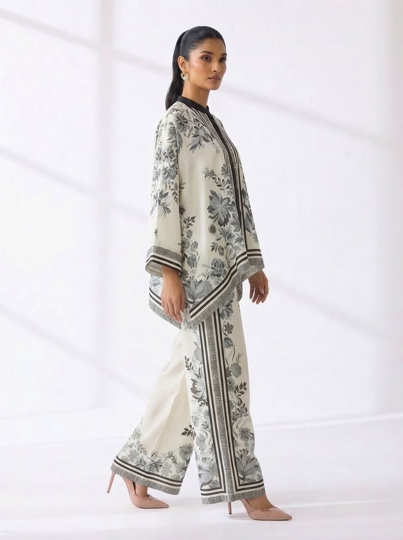 Ivory Monochrome Floral Cape-Sleeve Top