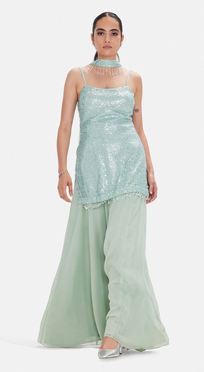 Sea Green Sequin Kurta Sharara Set with Dupatta