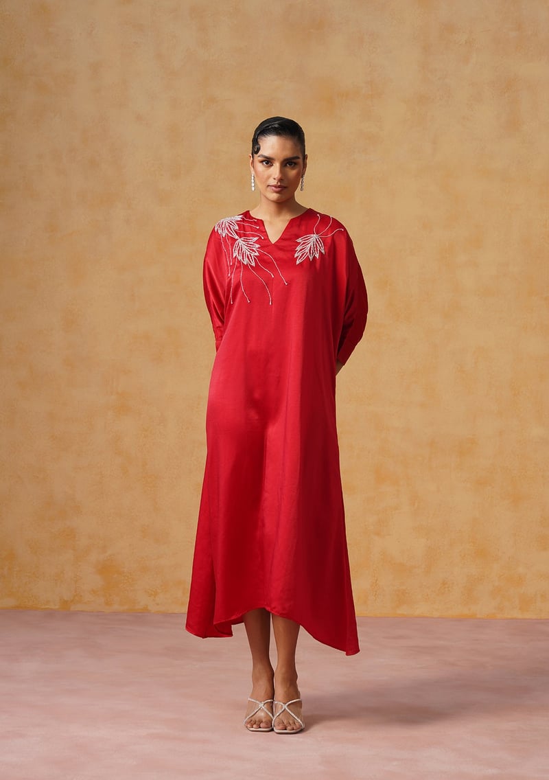 Red Satin Kaftan Midi Dress with Crystal Embroidery