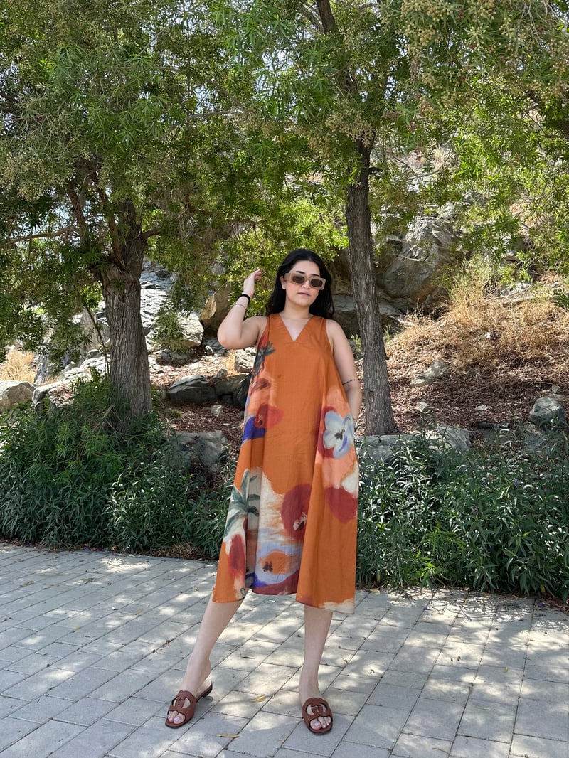 Rust Abstract Floral Printed Cotton Midi Dress with Pockets