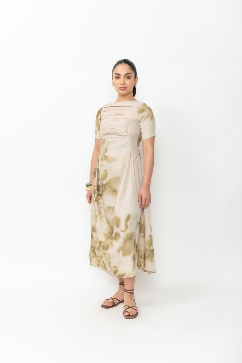 Beige Printed Linen Fit and Flare Midi Dress