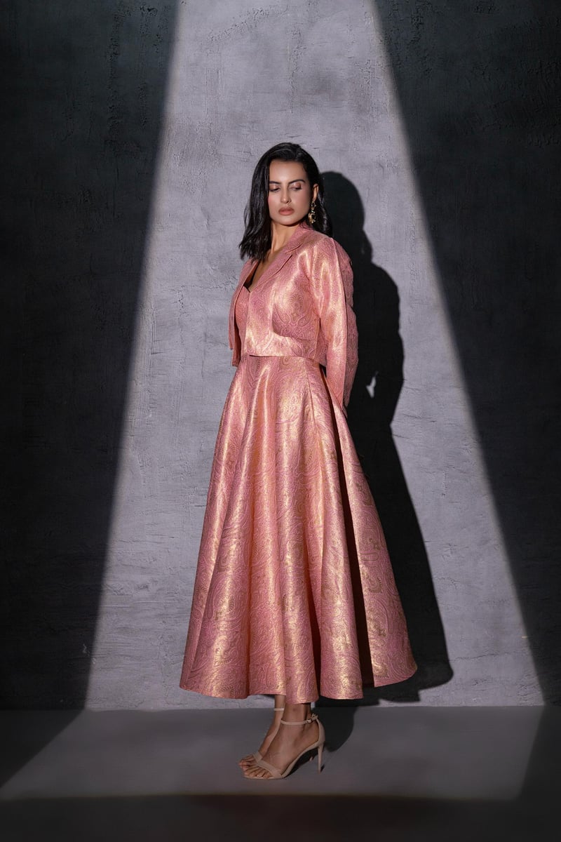 Pink Brocade Fit and Flare Midi Dress Set with Jacket