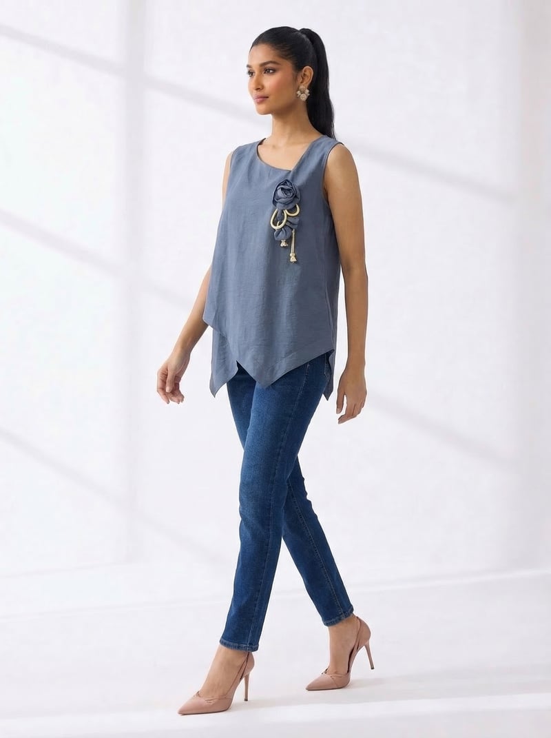 Blue Sleeveless Square-Neck Handkerchief Hem Top