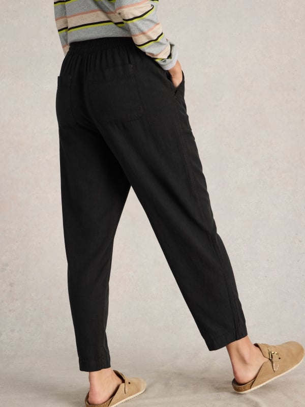 Pure Black Linen Blend Drawstring Tapered Trousers