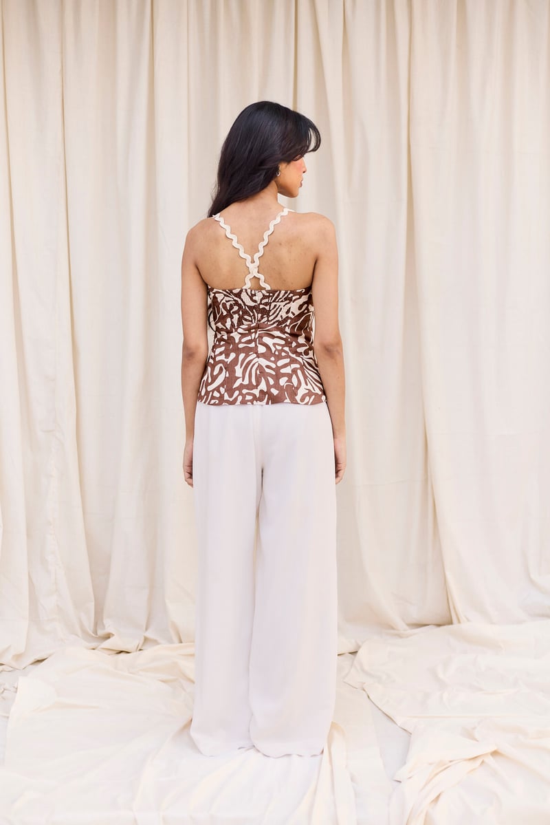 Brown Abstract Print Top & White Pant Set