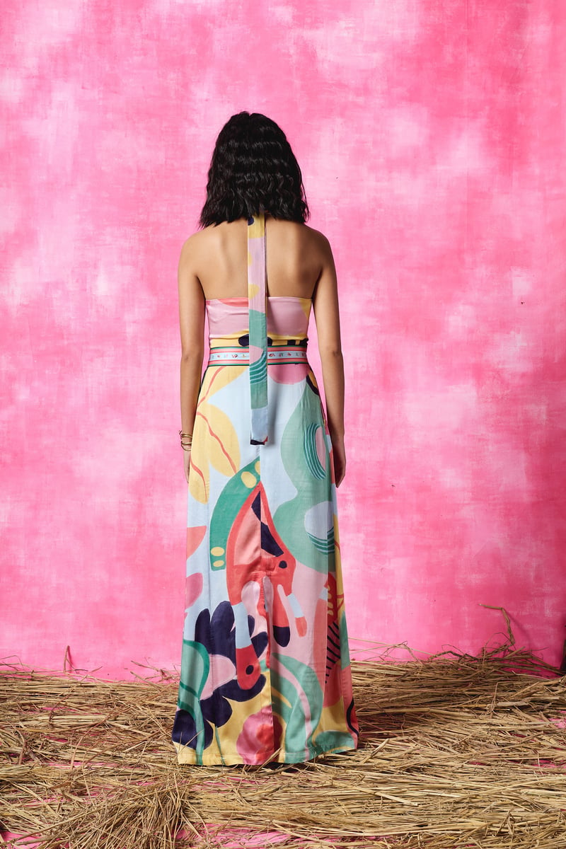 Multicolor Printed Halter-Neck Maxi Dress
