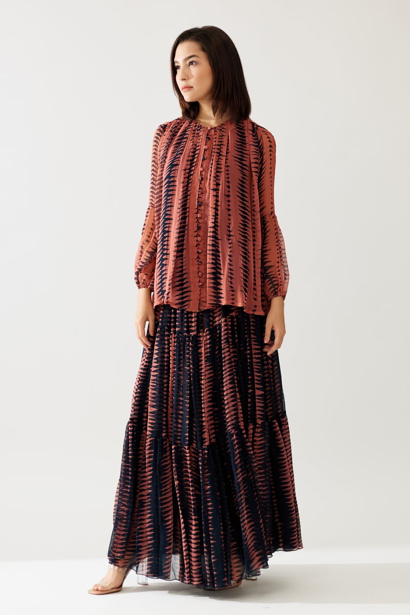 Pink And Dark Blue Pleated Top