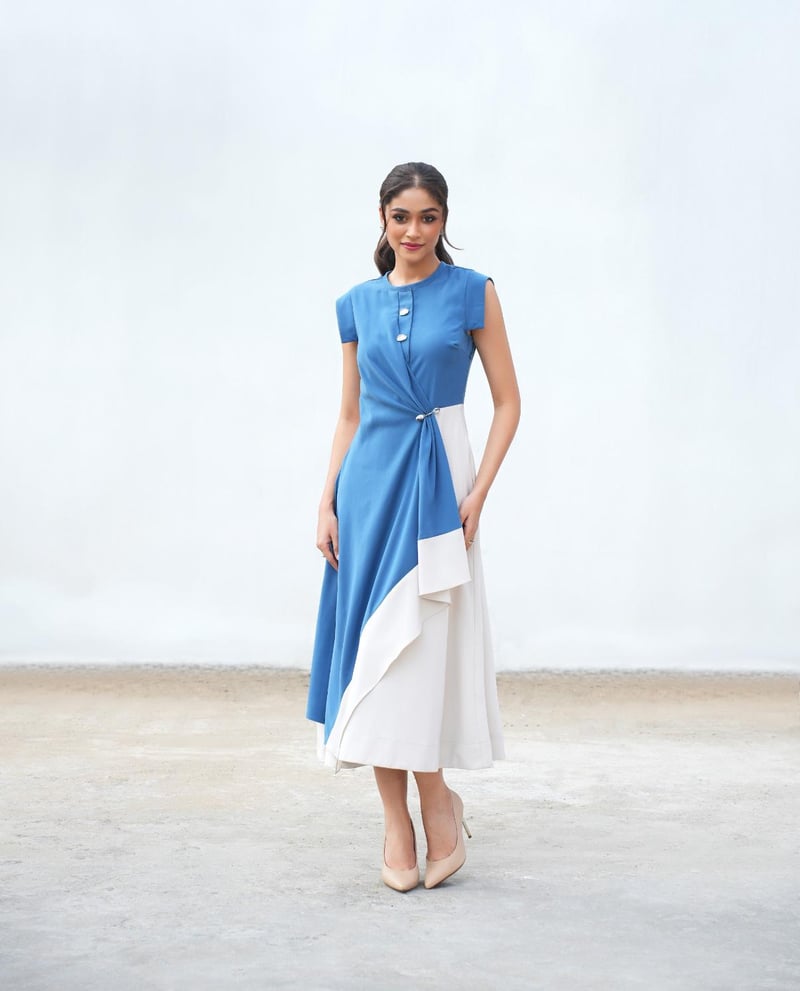 Prussian Blue and Ecru Colorblocked Midi Dress