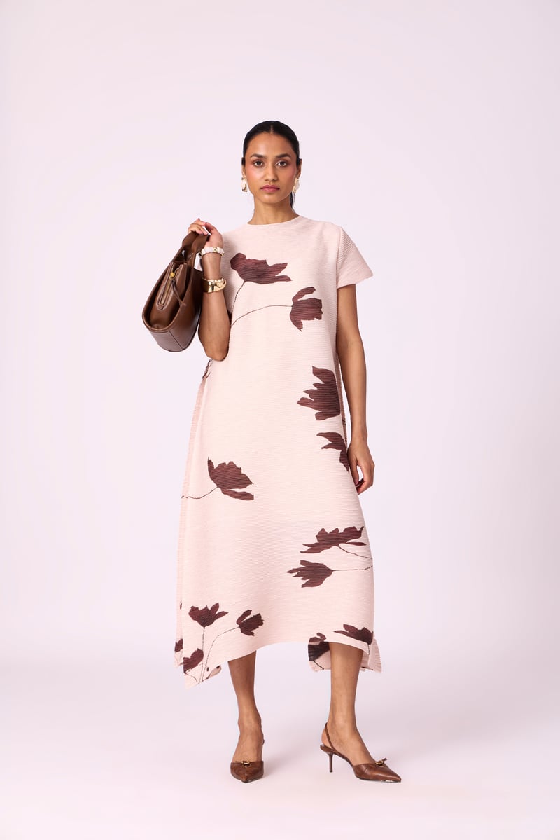 Nude Beige Pleated Floral Midi Dress