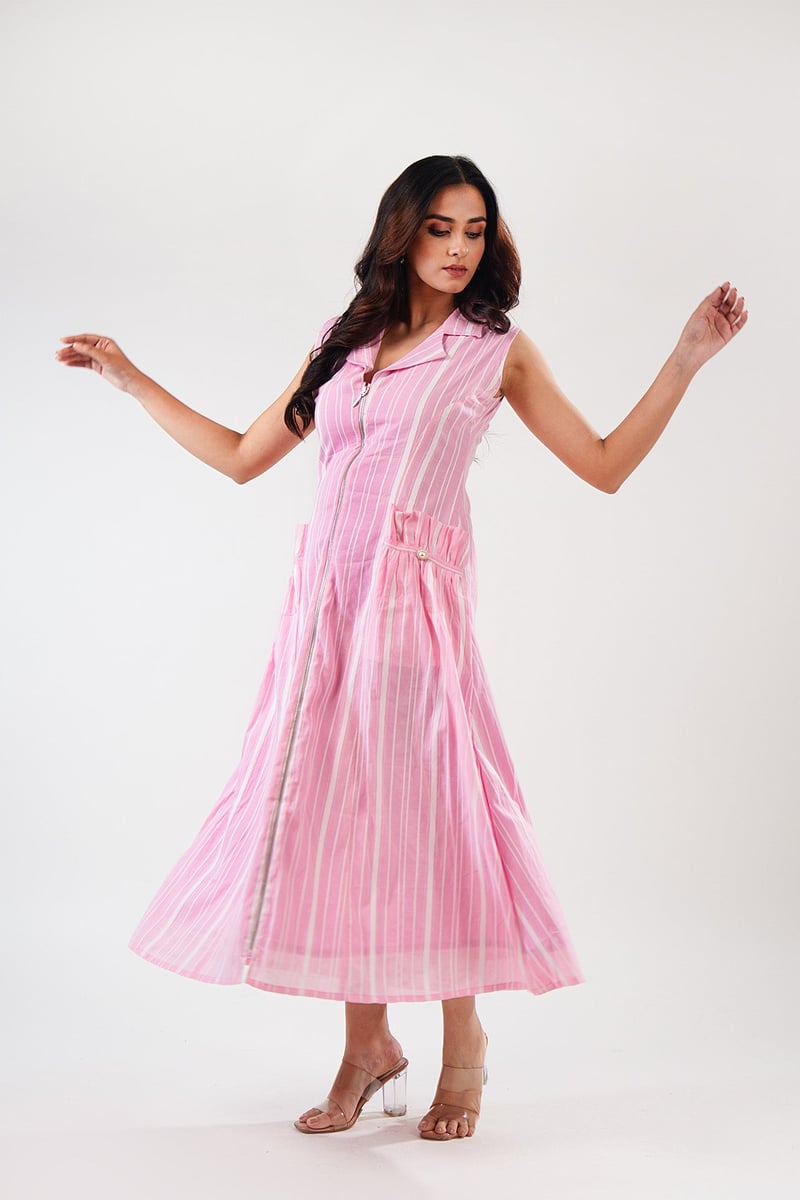 Pink Striped Zip-Front Midi Dress with Lapel Collar