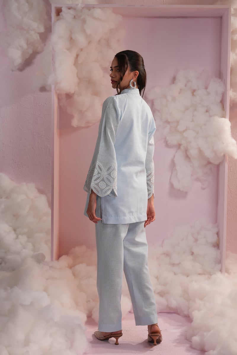 Powder Blue Linen Co-ord Set with Bell Sleeve Embroidery