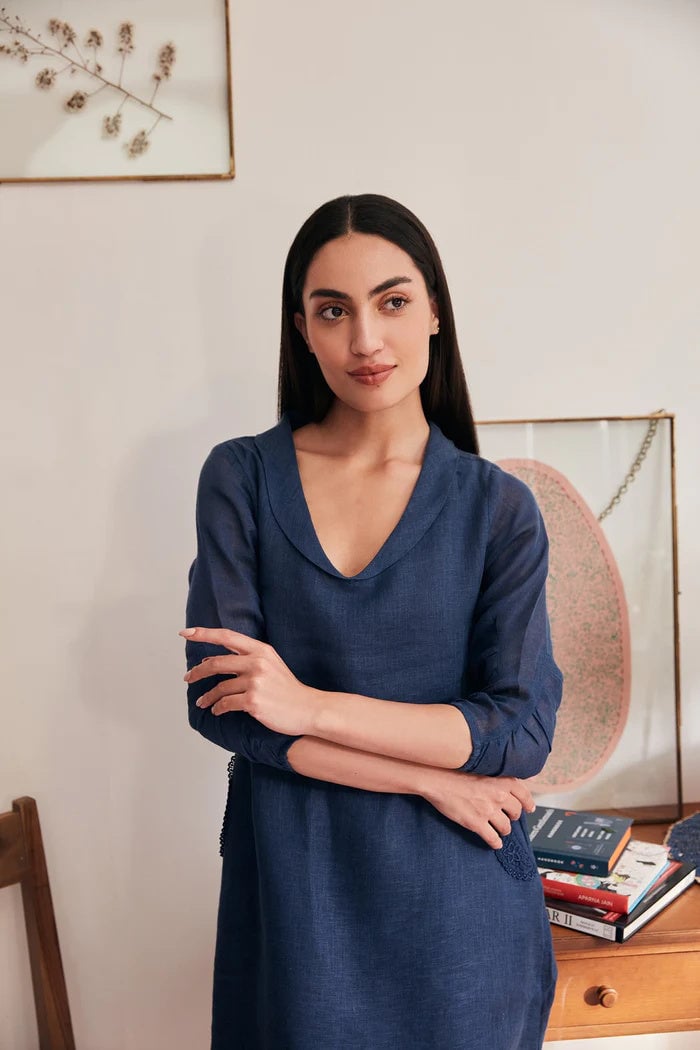 Navy Blue Linen Straight Midi Dress with V-Collar