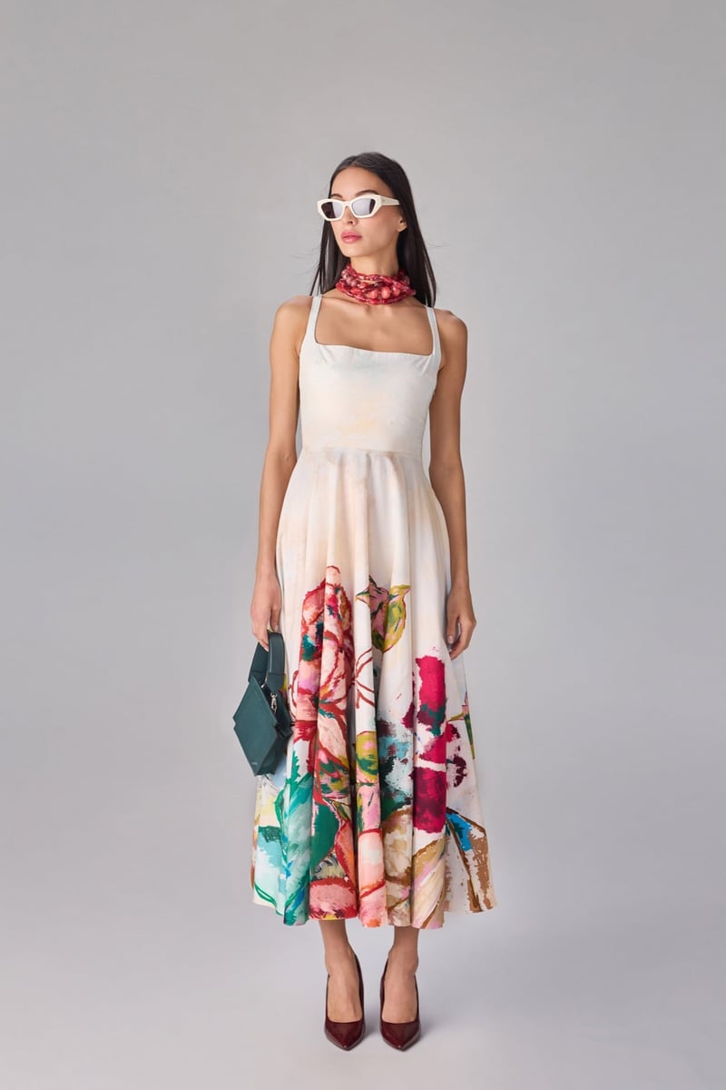 Ivory/Multi Square Neck Fit and Flare Midi Dress