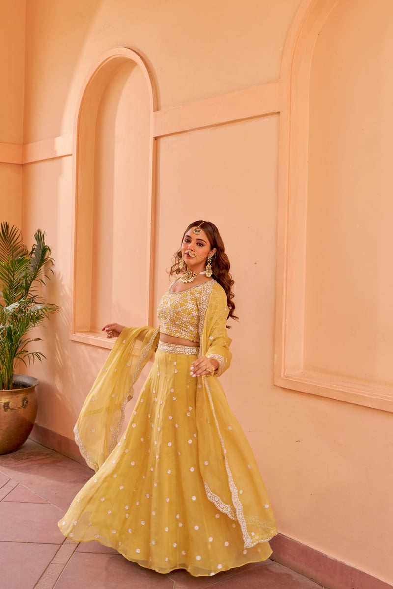 Yellow Organza Embroidered Lehenga Set with Dupatta