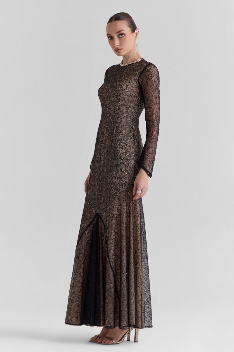 Black Lace Fit and Flare Maxi Dress with Full Sleeves