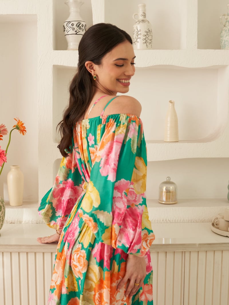 Green Floral Off-Shoulder Fit and Flare Midi Dress