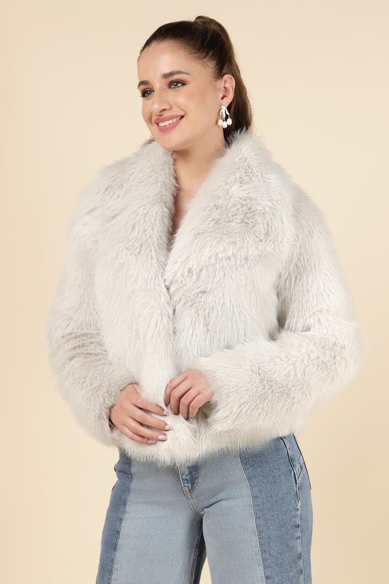 Beige Cropped Faux-Fur Jacket with Lapel Collar