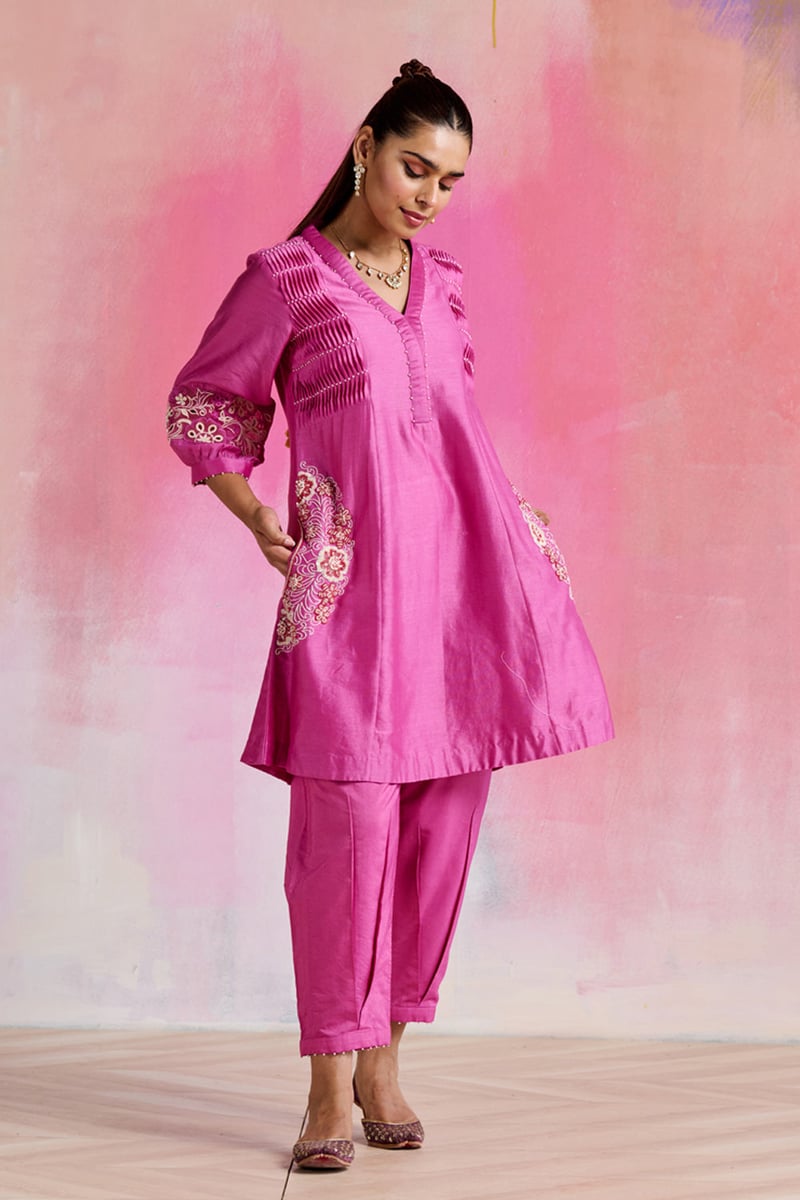 Pink Chanderi Embellished A-Line Kurta Set