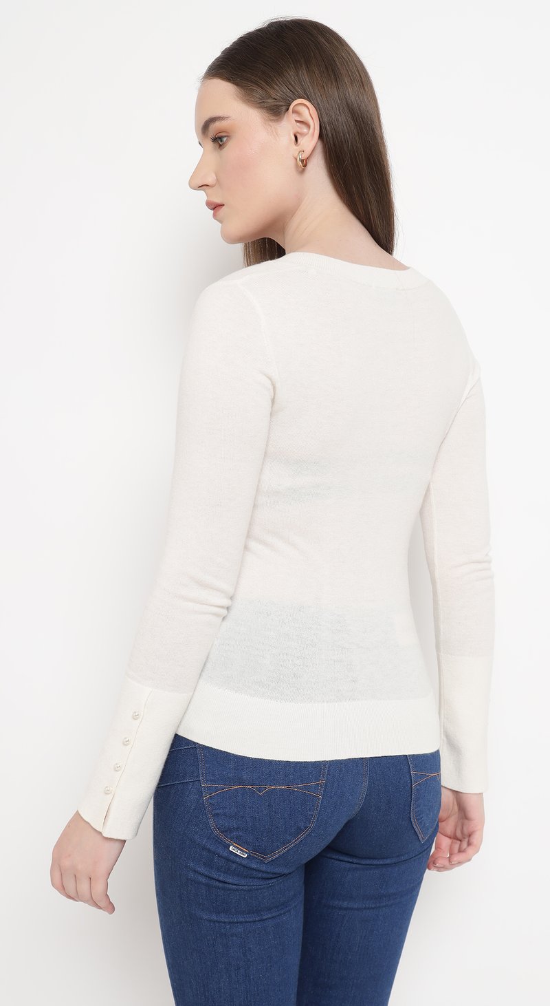 Light Beige V-Neck Slim Fit Sweater with Shoulder Cut-Out