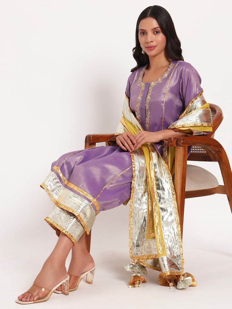 Lavender Cotton Tissue Straight Kurta Set with Gotta Work — Gotta Kinari