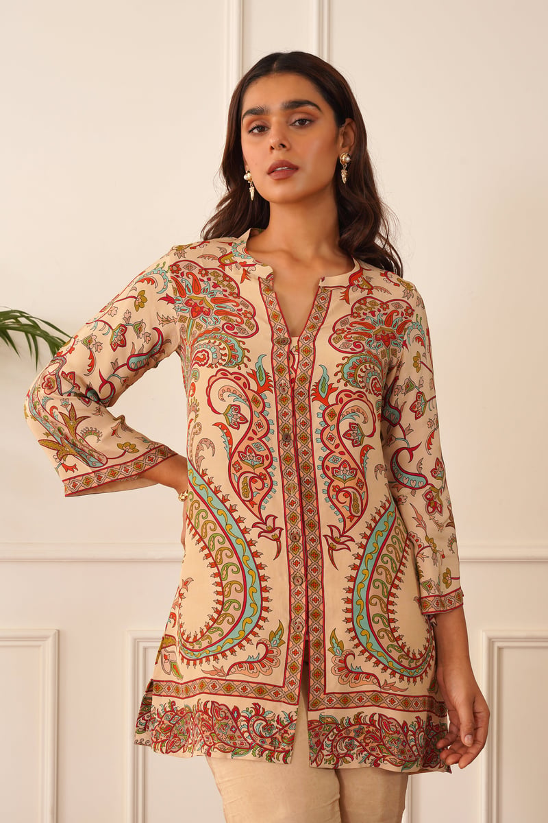 Beige Printed Crepe Co-ord Set with Straight Pants