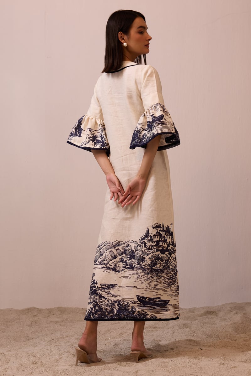 Apricot Linen Maxi Dress with Navy Scenic Border Print