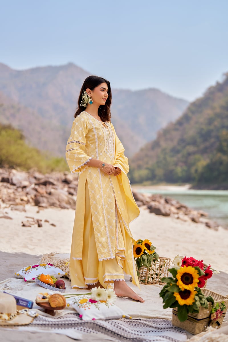 Yellow Cotton Embroidered Kurta Set With Dupatta