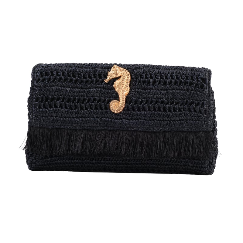 Jena Black Slim Raffia Clutch With Gold Emblem — Jena Luxury