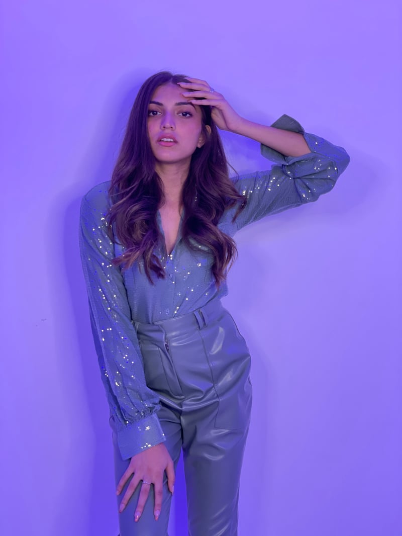 Aqua Blue Sequins Georgette Shirt with Balloon Sleeves