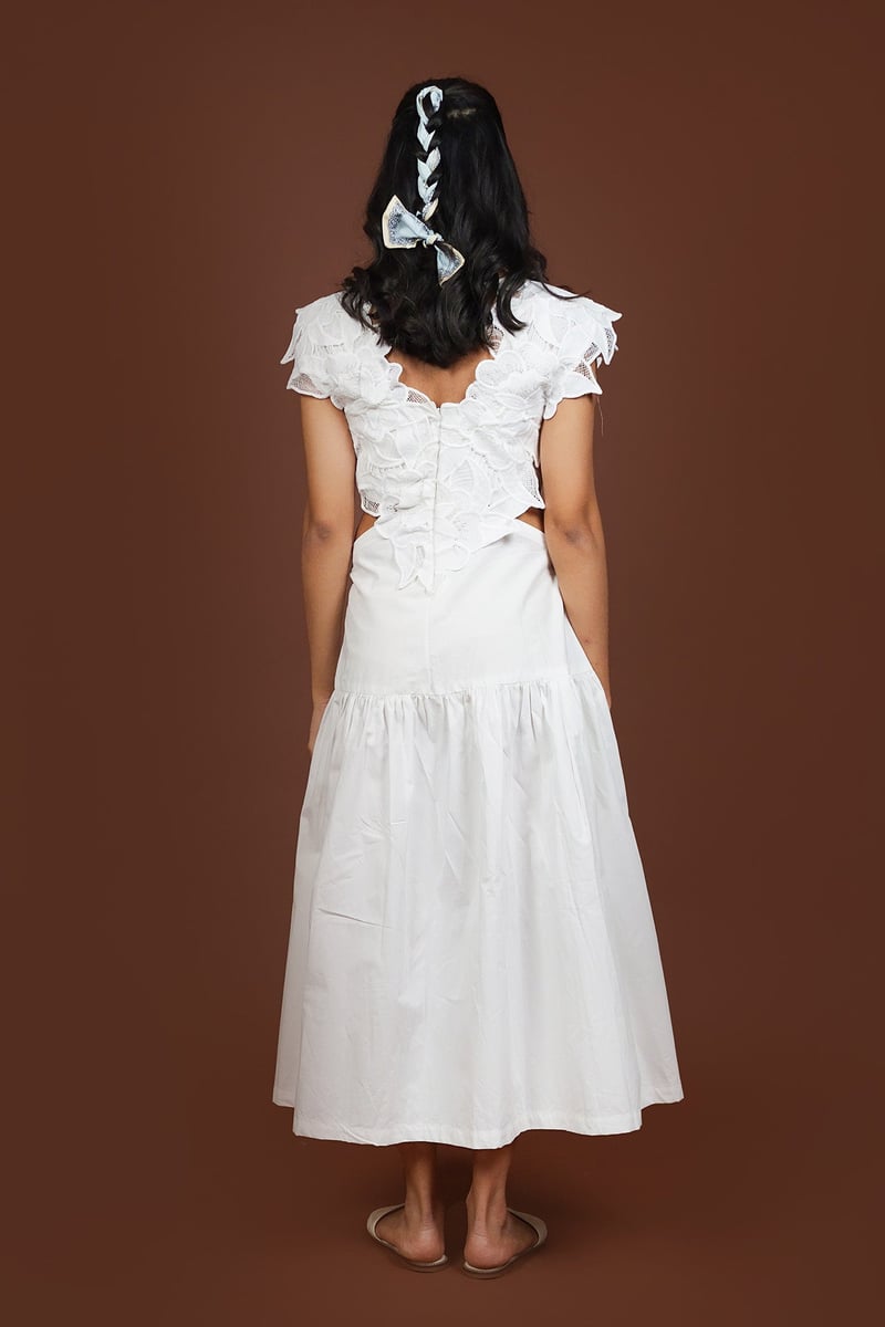 White Cotton Lace Bodice Fit and Flare Midi Dress