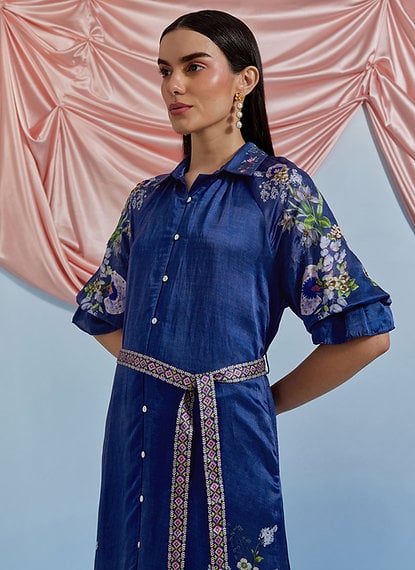 A.F Blue Belted Shirt Midi Dress with Floral Motifs