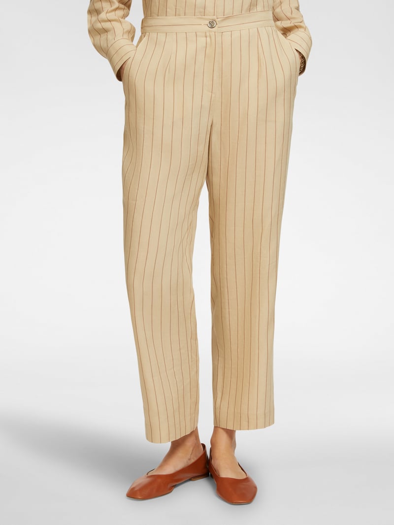Sand Pinstripe High-Waist Straight-Leg Trousers