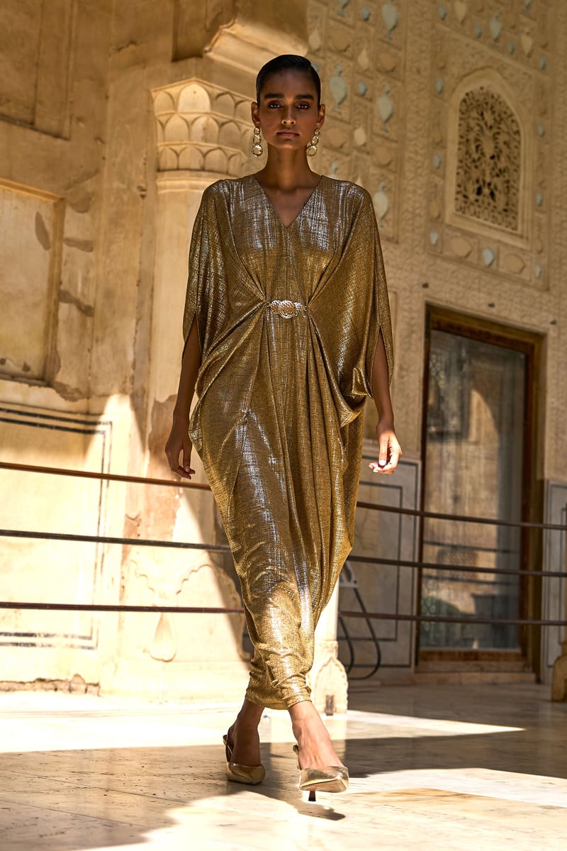 Gold Metallic Draped Maxi Kaftan with V-Neck