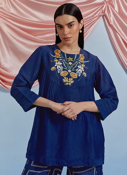 Airforce Blue Embroidered Top and Printed Pants Co-ord Set